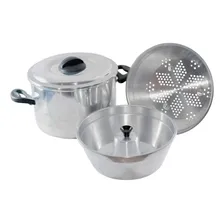 Panela Banho Maria 3 Em 1 Cozimento Vapor Forma Pudim Cuscuz Cor Prateado Foto  mini 1