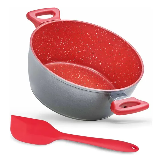 Panela Caçarola 24cm Antiaderente Sauté Vermelho Espátula Foto 1