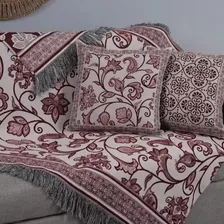 Pano Manta Xale P/sofá Jacquard Dupla Fase 1,35cm +almofadas Cor Vinho Estampado Foto mini 2