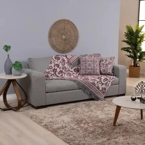 Pano Manta Xale P/sofá Jacquard Dupla Fase 1,35cm +almofadas Cor Vinho Estampado Foto 1