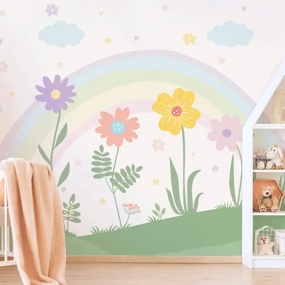 Papel De Parede Quarto Menina Jardim Floral Arco-íris 9m Foto 1