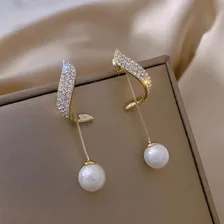 Par Brinco Feminino Luxo PĂ©rola Opala PĂȘndulo Ouro Semijoia Foto mini 2