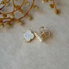Par Brinco Trevo Cravejado Zirc么nia Cristal Banhado Ouro 18k Foto mini 2
