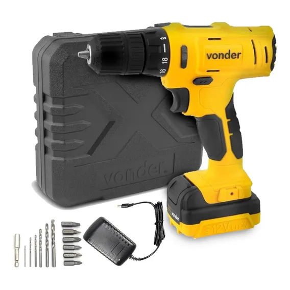 Parafusadeira/furadeira com impacto a Bateria 12v 127/220V Pfv120i - Vonder Cor Amarelo Maleta com acessórios 127/220V Foto 1