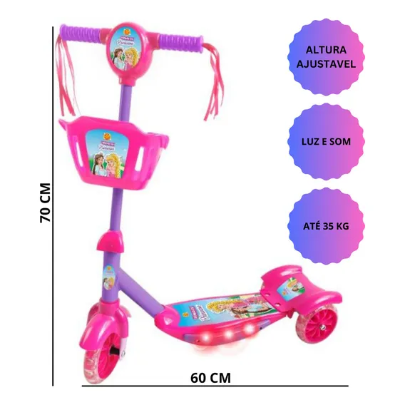 Patinete Infantil Musical Princesa 3 Rodas Luzes E Cestinha Foto 1