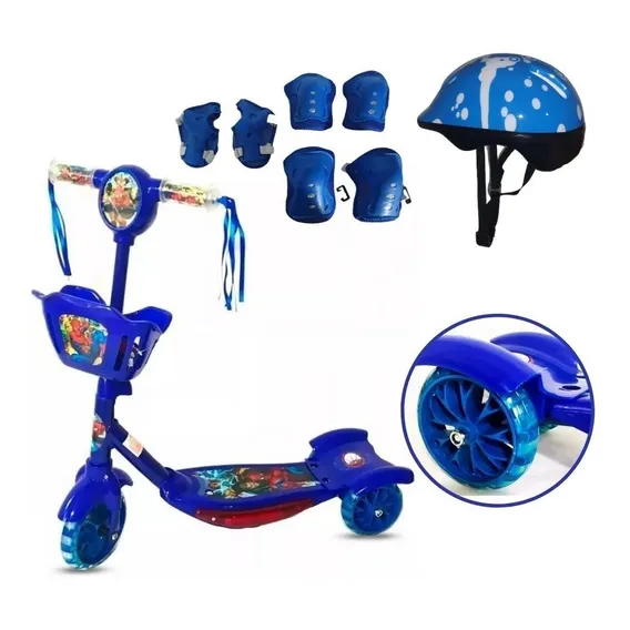 Patinete Musical 3 Rodas Cesta Vingadores + Kit Proteção Cor Azul Foto 1