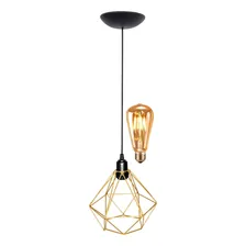 Pendente Aramado Diamante + Lâmpada Retrô Lustre Dourado Foto mini 1