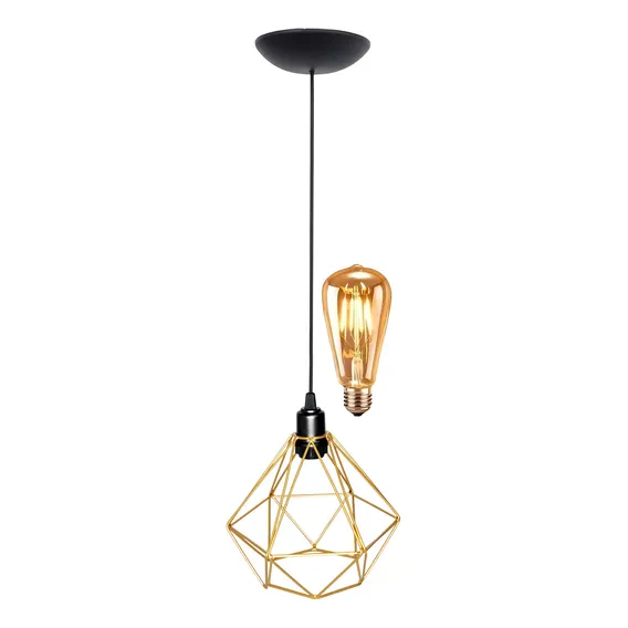 Pendente Aramado Diamante + Lâmpada Retrô Lustre Dourado Foto 1