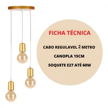 Pendente Fio Cabo 2metros E27 Base Tripla Vintage Industrial Estrutura Dourado Fio Cristal Foto mini  3