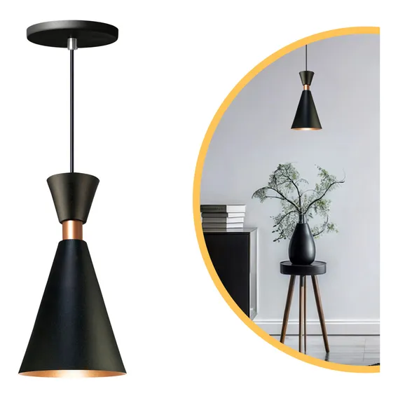 Pendente Lustre Mini Pequim 24cm Em AlumÃnio Preto Com Cobre Iluminar Ambiente Foto 1