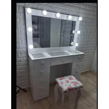 Penteadeira Camarim 11 Gavetas Moldura Banco Estofado Rosa Cor Branco Foto mini 4