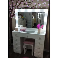 Penteadeira Camarim 11 Gavetas Moldura Banco Estofado Rosa Cor Branco Foto mini 1