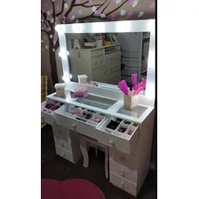 Penteadeira Camarim 11 Gavetas Moldura Banco Estofado Rosa Cor Branco Foto mini 2