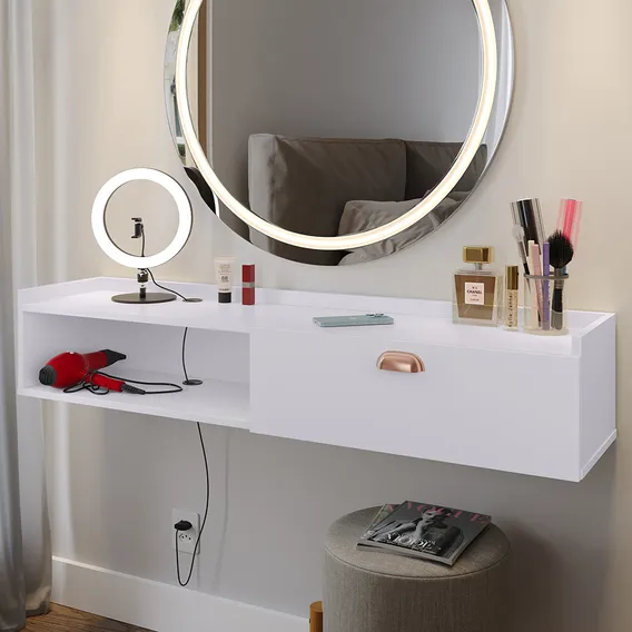 Penteadeira Classica 120cm Glamour Suspensa Com Porta E Passa Fios - Branca Foto 1