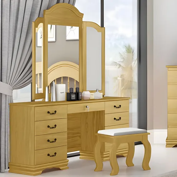 Penteadeira em Madeira Maciça Moderna Eliane com Banqueta Cor Imbuia Marca Bedroom Móveis Foto 1