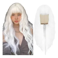 Peruca Wig Branca Platinada Franja Lisa Premium 75cm Tamanho Da Base M Tonalidade Branca Ondulada 80cm Foto mini 1
