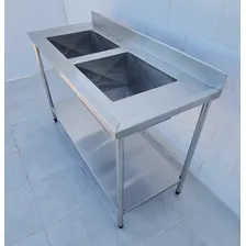 Pia Mesa Aço Inox Industrial 120x60x90 2 Cubas Paneleiro Foto mini 4