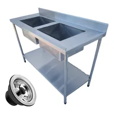 Pia Mesa Aço Inox Industrial 120x60x90 2 Cubas Paneleiro Foto  mini 1