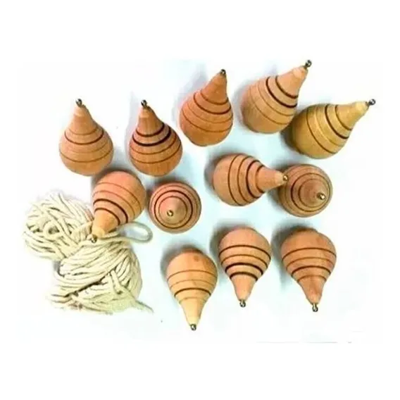 Pião Madeira Com Fieira 12 Unidades Brinquedo Antigo Cor Marrom Foto 1