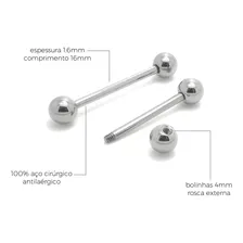 Piercing Lingua Aço Cirúrgico Antialergico Cor Prata M2 Piercing Reto Lingua Foto mini 2