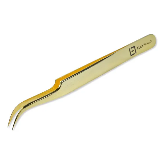 Pinça Ella Beauty Para Alongamento Cílios Ponta Curva Gold Foto 1