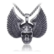 Pingente Aço Inox Com Corrente Masculino Caveira Asas Moto Cor Prateado Foto mini 3