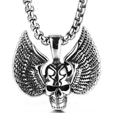 Pingente Aço Inox Com Corrente Masculino Caveira Asas Moto Cor Prateado Foto mini 1