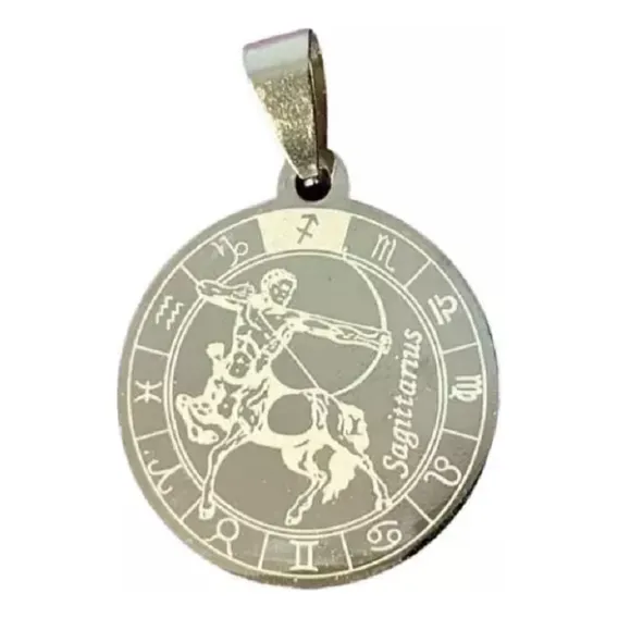 Pingente Aço Inox Prateado Redondo Signo Sagitario 2,5 Cm Foto 1