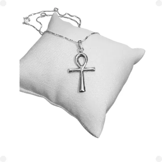 Pingente +corrente Veneziana V15 Cruz Ansata Ankh Prata 925 Foto 1