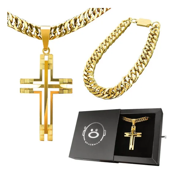 Pingente Crucifixo + Pulseira + Corrente Banhada Ouro Foto 1