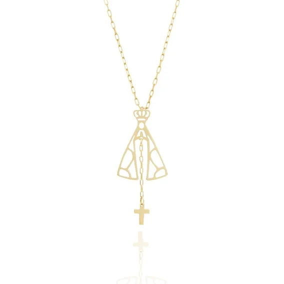 Pingente Nossa Senhora Cruz + Corrente Cartier Em Ouro 18k Cor Amarelo Foto 1