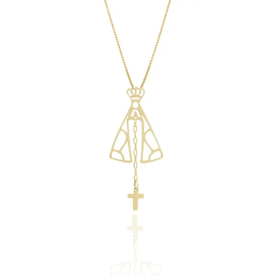 Pingente Nossa Senhora Cruz + Corrente Veneziana Em Ouro 18k Cor Amarelo Foto 1