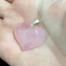 Pingente Prateado Coração Cristal Quartzo Rosa Pedra Natural Foto mini  2