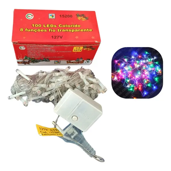 Pisca 100 Leds Colorido 8 Funções Fio Transparente 8ms 127v 110v Foto 1