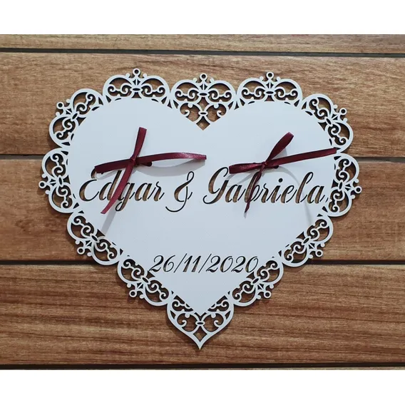 Placa Porta Alianças Noivos, Casamento Mdf Branco Ft Marsala Foto 1