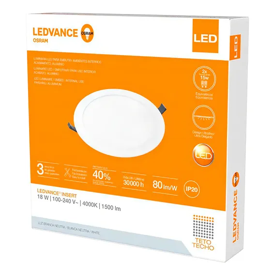 Plafon Embutir Led Osram Embutir 18w 4000k Branco Neutro 110V/220V Foto 1