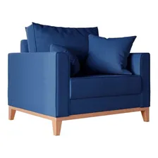 Poltrona Beny Pés E Base Em Madeira Linho Cotton Azul Mar.. Foto  mini 1