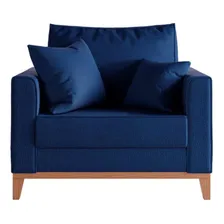 Poltrona Beny Pés E Base Em Madeira Linho Cotton Azul Mar.. Foto mini  3
