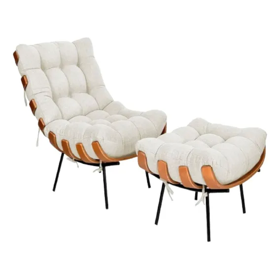 Poltrona Costela Com Puff Linho Para Sala Quarto Luxo Cor Poltrona Costela E Puff Linho Cru Desenho Do Tecido Poltrona Linho Foto 1