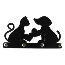 Porta Chaves Cachorro E Gato Madeira Preta Mdf Pendurador Foto  mini 1