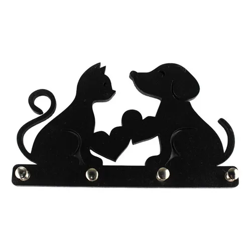 Porta Chaves Cachorro E Gato Madeira Preta Mdf Pendurador Foto 1