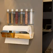 Porta Guardanapo Rolo Com Porta Temperos De Parede - Inox Foto mini 4