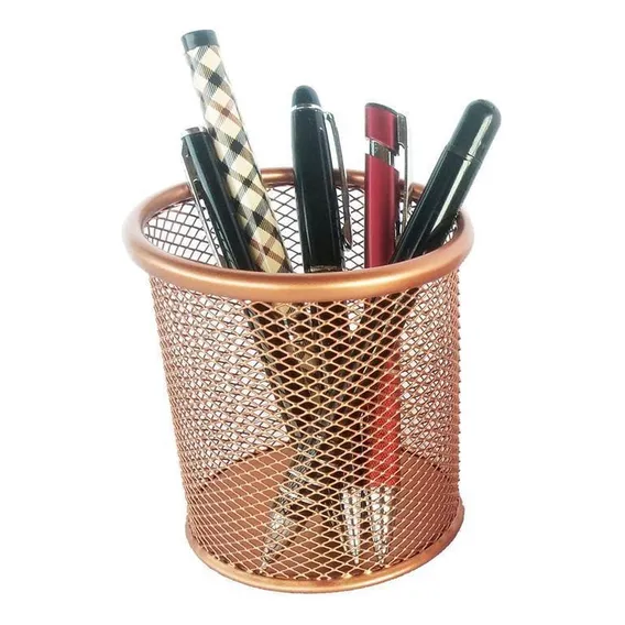 Porta Lapis Aramado Redondo Rose Gold 10cm Metal Foto 1