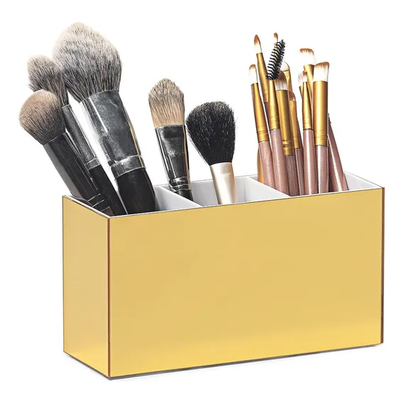 Porta Pincel Em Acrílico Dourado Com Branco - 3 Divisórias Foto 1