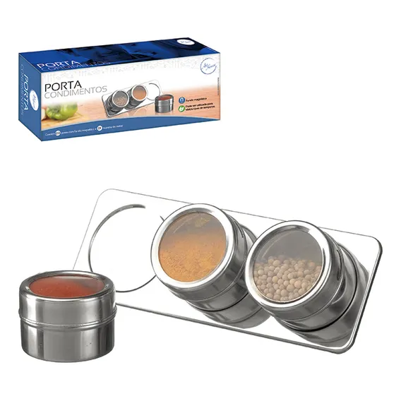 Porta Temperos Inox Com 3 Potes Fundo Magnético E Suporte Cor Prateado Foto 1