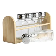 Porta temperos vidro 5 peças com suporte bambu Foto  mini 1