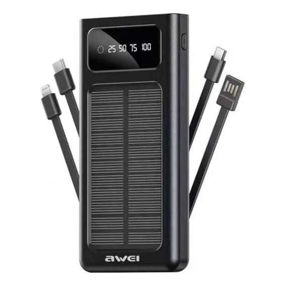 Power Bank Carregador Solar Portátil 10000mah P130k Awei Cor Preto Foto 1
