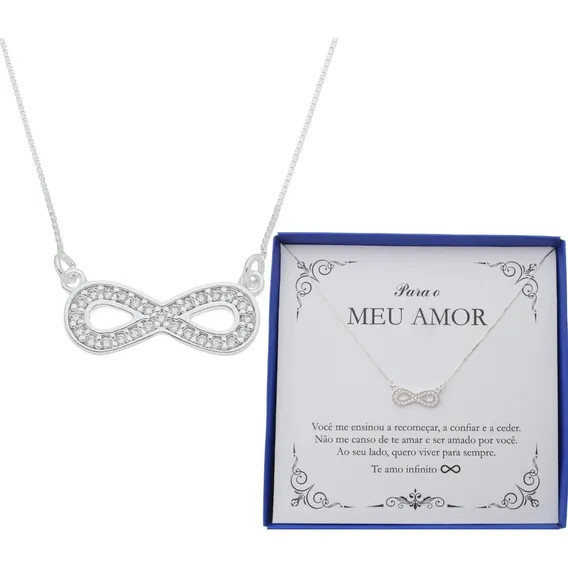 Presente Colar Feminino Prata 925 Esposa Namorada Noiva Amor Cor Colar Infinito Pedras Foto 1