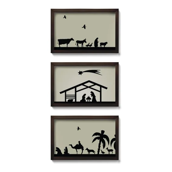 Presépio De Parede Quadro Natalino Silhuetas - Kit 3 Quadros Cor Bege Foto 1