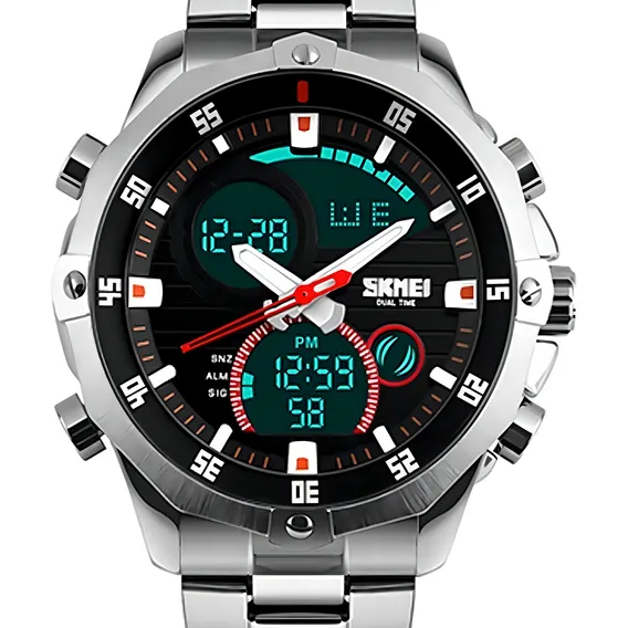 Promoção Relógio Masculino Skmei Esportivo Original Cor Da Correia Prateado Cor Do Bisel Preto Cor Do Fundo Preto Foto 1